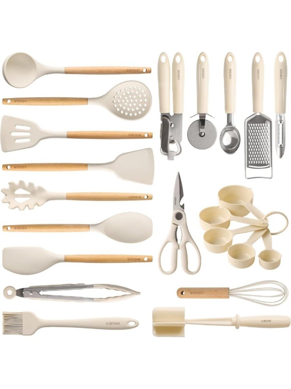 22-Piece Cooking Utensils Set with Wood Handles, Non-Stick Kitchen Tools, Cream